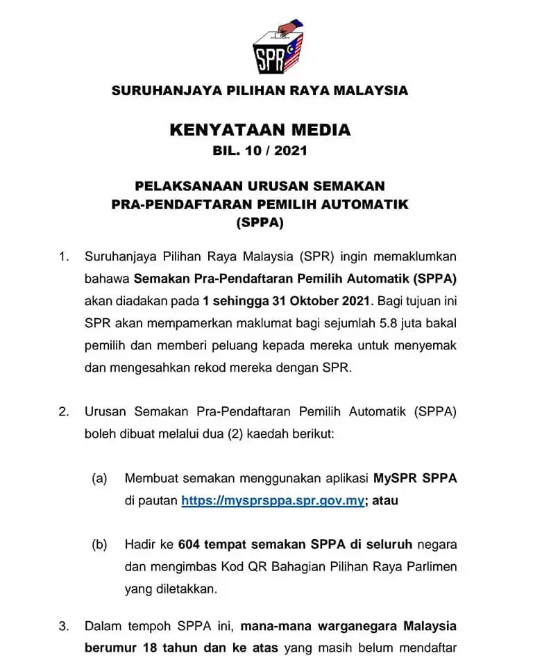 kenyataan media pra pendaftaran pemilih automatik